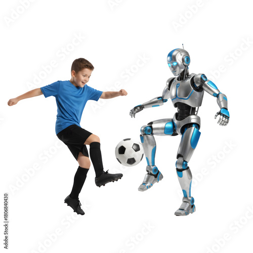 Future of Sports: Young Boy Playing Soccer with a Humanoid Robot isolated on a transparent background 