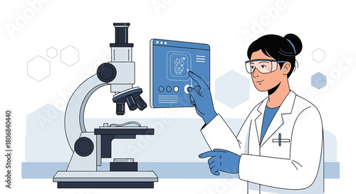 Illustration of a female scientist performing research with a microscope and data interface