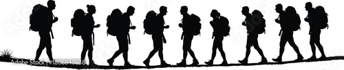 Group of hikers walking in line with backpacks, outdoor adventure silhouette, trekking illustration, mountain hiking team, nature travel concept vectorGroup of hikers walking in line with backpacks, 