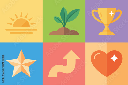 Success journey tiles set, sunrise energy, green sprout, golden trophy, bright star, upward arrow, caring shield heart