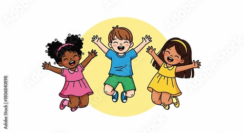 Three Diverse Kids Jumping Joyfully with Arms Raised in Celebration