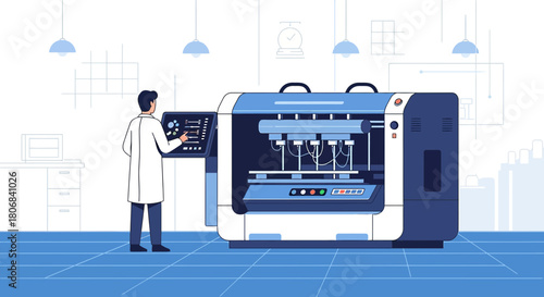 Illustration showcasing an industrial laboratory with a scientist operating advanced printing