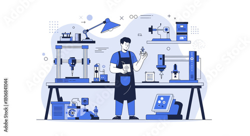 Illustration showcasing advanced manufacturing process with engineer and industrial equipment in