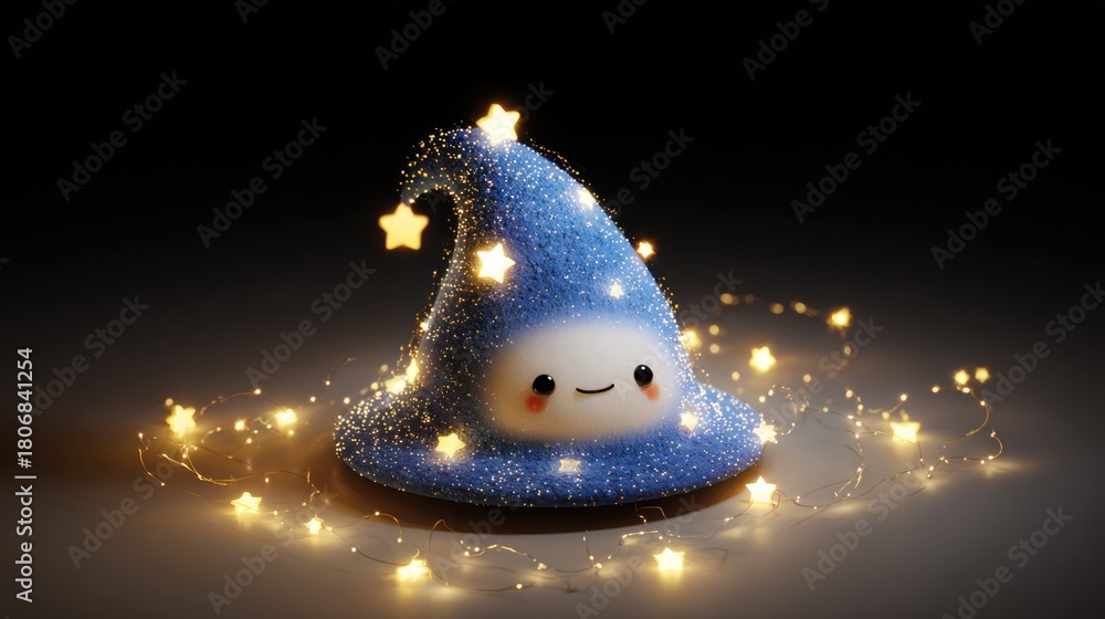 Obraz premium Cute, blue wizard hat, stars, lights