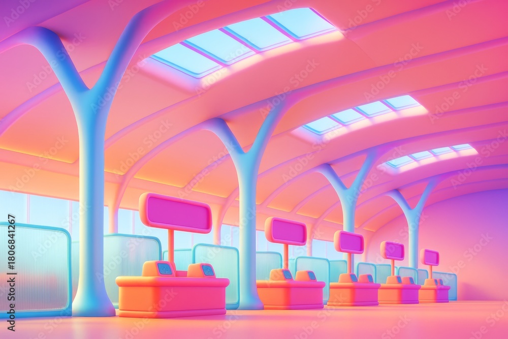 Fototapeta premium Futuristic checkout counters in pastel-toned interior with curved roof and soft skylight illumination in modern architectural style. Ai generative