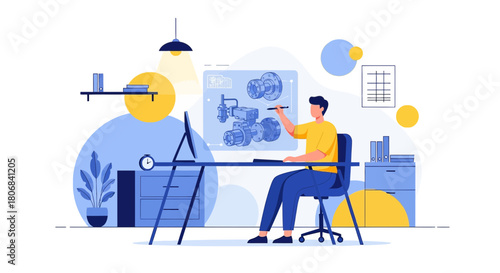 Illustrative depiction of a mechanical engineer crafting technical blueprints at a desk environment