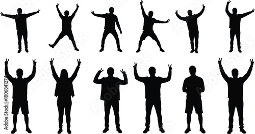 Group of people silhouettes in various standing poses, peace gesture, unity and diversity concept, minimalist human figure illustration, vector design