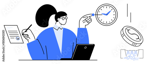 Woman handling tasks with pen and document, using laptop clock and coin represent time and money management. Ideal for productivity, planning, financial management, multitasking, work-life balance