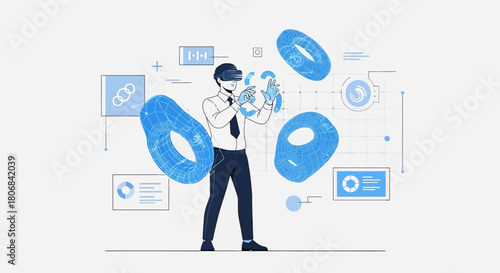 Innovation at its finest: Man interacting with virtual data using virtual reality headset
