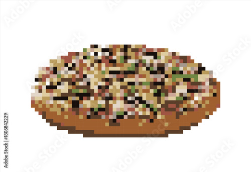 Pixel Art Pizza. 8 bit. Game development, mobile app. Isolated vector illustration