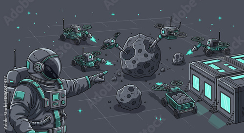 Innovative asteroid mining operation with astronaut overseeing automated extraction and resource