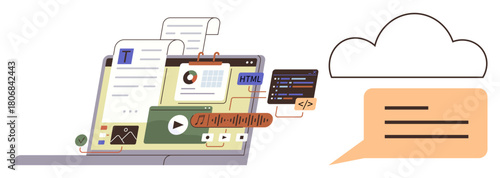 Laptop displaying videos, code editor, infographic, text, cloud icon, and message bubble. Ideal for tech, cloud computing data sharing coding design collaboration digital tools. Simple flat