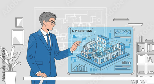 Innovative architectural design presentation with AI predictions showcasing urban planning for