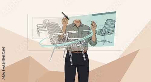 Innovative furniture design concept featuring a designer creating chair models in augmented reality