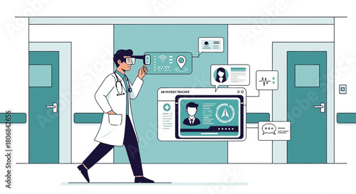 Innovative healthcare doctor using augmented reality glasses in modern hospital corridor