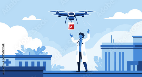 Innovative healthcare solutions: Drone delivery of blood to hospital with doctor receiving