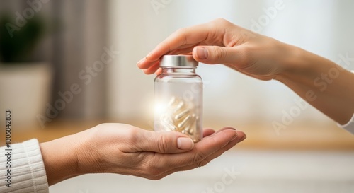 Woman handing bottle of vitamins to another person indoors  