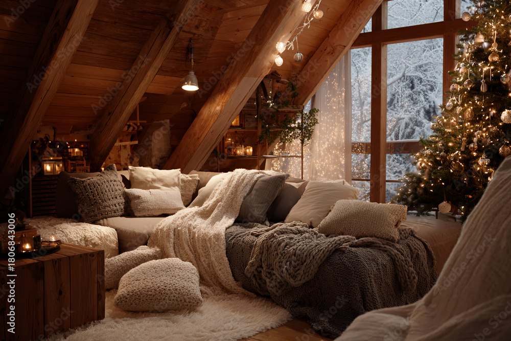 Fototapeta premium Cozy Scandinavian living room decorated for Christmas, warm lights, wooden textures, soft blankets, Christmas tree with ornaments but no visible text, serene holiday mood