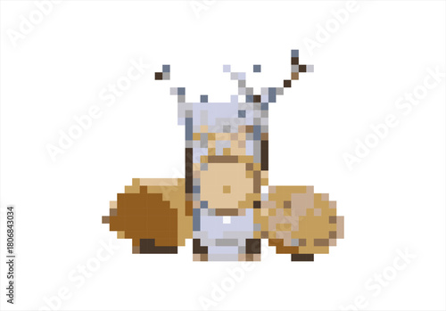 Pixel a refreshing drink with lemon slices, and ice cubes. 8 bit. Game development, mobile app. Isolated vector illustration.