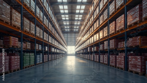Wallpaper Mural rows of neatly stacked goods in a modern warehouse, highlighting storage, logistics, and supply chain efficiency. the scene is filled with a sense of order and readiness Torontodigital.ca