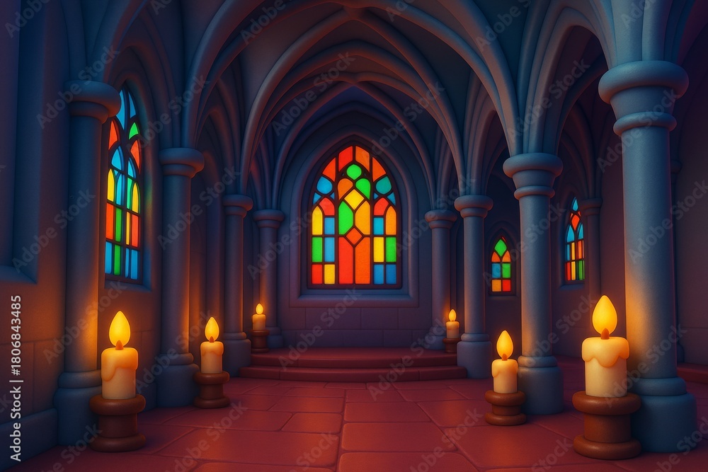 Fototapeta premium Gothic cathedral interior with stained glass windows and glowing candles in stylized fantasy style on a mystical spiritual background. Ai generative