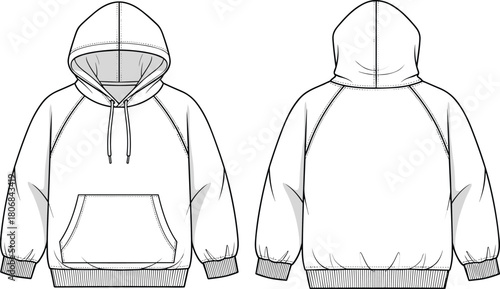 Hoodie fashion flat sketch, vector sweatshirt template, technical apparel drawing, front and back hooded top design, casual garment illustration outline