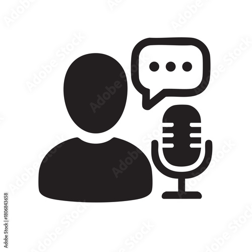 a black and white icon depicting a person speech bubble and microphone for podcasting or voice recording