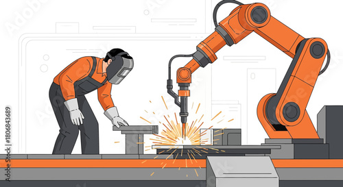Man overseeing robotic welding, blending human expertise with advanced automation processes in