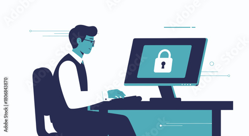 Man using computer with padlock icon illustrating digital security and data protection