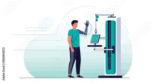 Man using advanced rehabilitation equipment with a robotic prosthetic arm for recovery