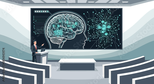 Man presenting advanced ai technology in auditorium with digital brain illustration displayed on