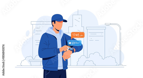 Man using smartwatch to monitor steps and distance in a modern city background design