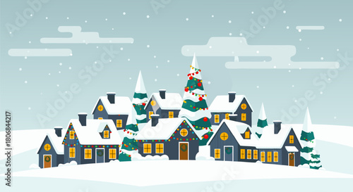 Festive winter holiday scene of a snow-covered town with illuminated houses and a decorated Christmas tree. A cozy Christmas Eve landscape in a flat vector art style