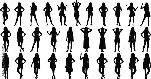 Large set of twenty-nine female silhouettes in various poses, women standing, fashion models, girl figures, isolated vector collection icons.
