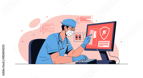 Medical professional working on a computer with sensitive patient data information online