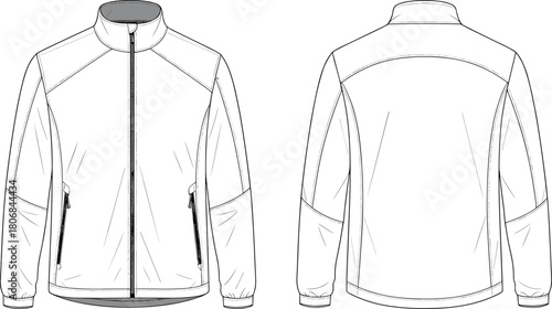 Technical jacket fashion flat sketch, front and back view, vector apparel template, outerwear design illustration, clothing pattern drawing, zipper jacket