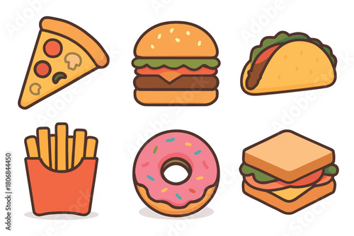 Delicious fast food favorites for snack time or gatherings. Set of 6 vector illustration