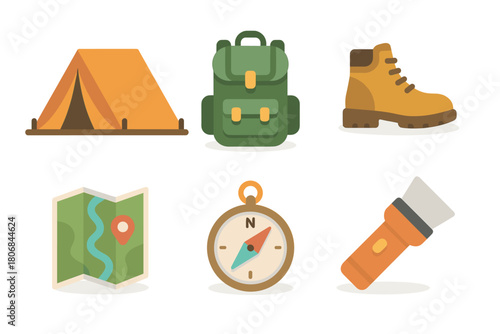 Camping gear essentials for outdoor adventures and exploration. Set of 6 vector illustration