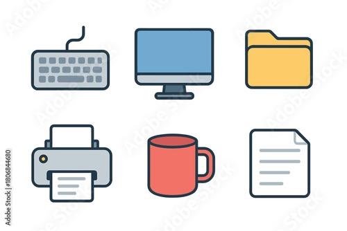 Office workspace essentials including keyboard, monitor, and printer. Set of 6 vector illustration