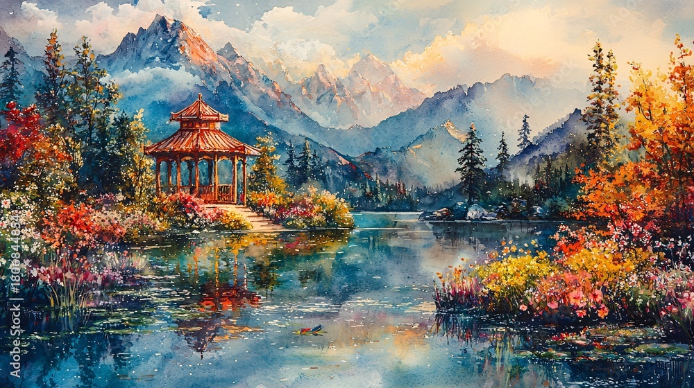 Fototapeta premium Landscape and pastoral watercolor painting