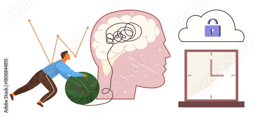 Man pushing yarn ball to untangle brain chaos, emphasizing problem solving, creativity, focus, and unlocking potential. Ideal for mental health, brainstorming, productivity, innovation