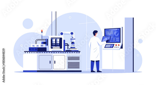 Modern industrial automation controlled by scientist using robotics and data systems