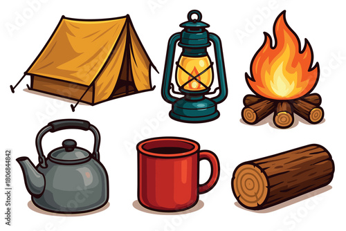 Camping essentials for outdoor adventure and relaxation. Set of 6 vector illustration