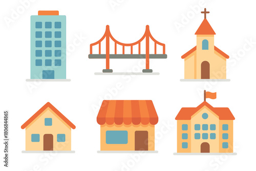 Urban landscape with buildings and bridge design for children. Set of 6 vector illustration