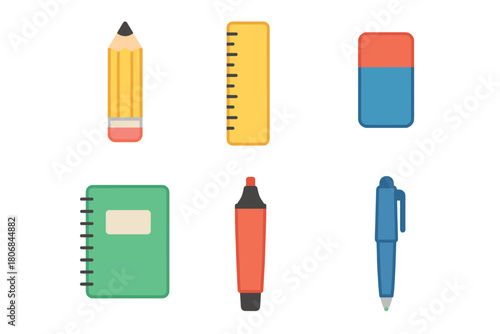 Essential stationery items for school and office use. Set of 6 vector illustration
