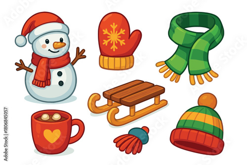 Winter fun with snowman, warm clothing, and sledding gear. Set of 6 vector illustration