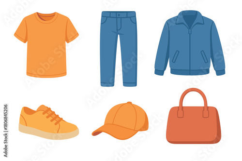 Casual clothing collection for trendy outfits and daily wear. Set of 6 vector illustration