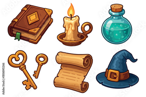 Magical artifacts book, candle, potion, keys, scroll, hat. Set of 6 vector illustration