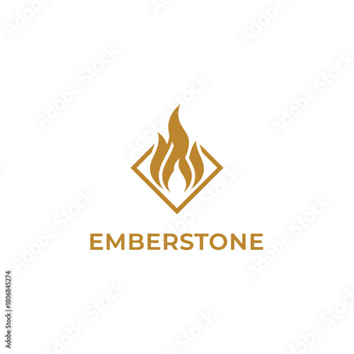 A flame logo, encased in a diamond, above a name in a serif font, all in gold