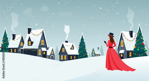 Charming Snowy Village Scene with a Woman in a Victorian Dress and Christmas Lights Illuminating Cozy Homes Under a Winter Sky